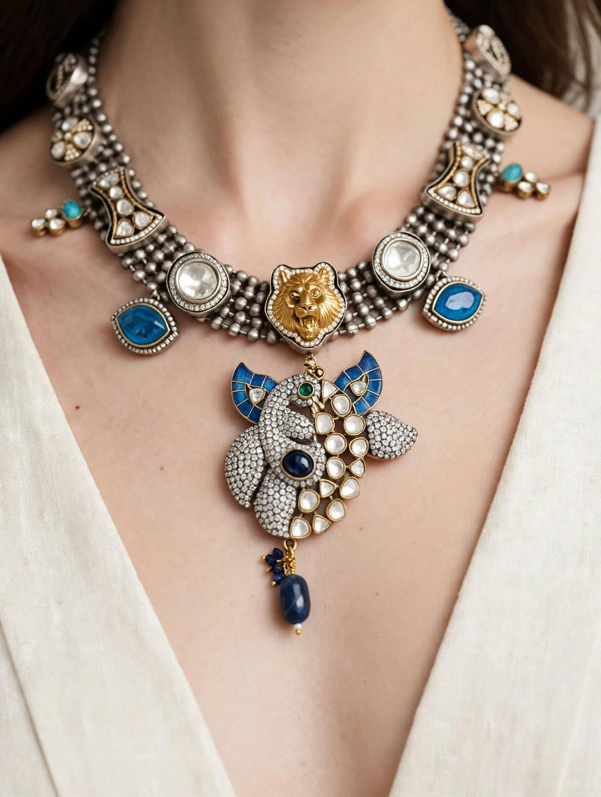 Blue Enamel & Dual-Tone Kundan Long Haar with Lion Motif