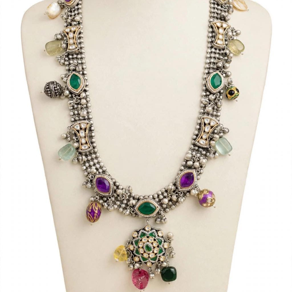 Maharani Boho Kundan & Meenakari Oxidized Silver Long Necklace