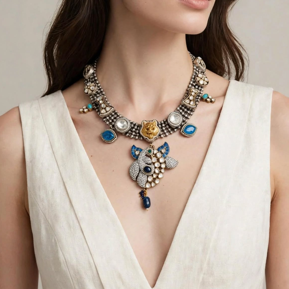 Blue Enamel & Dual-Tone Kundan Long Haar with Lion Motif