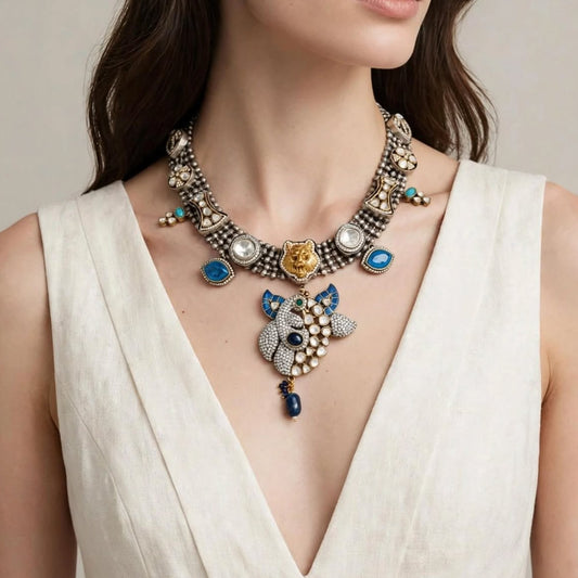 Blue Enamel & Dual-Tone Kundan Long Haar with Lion Motif