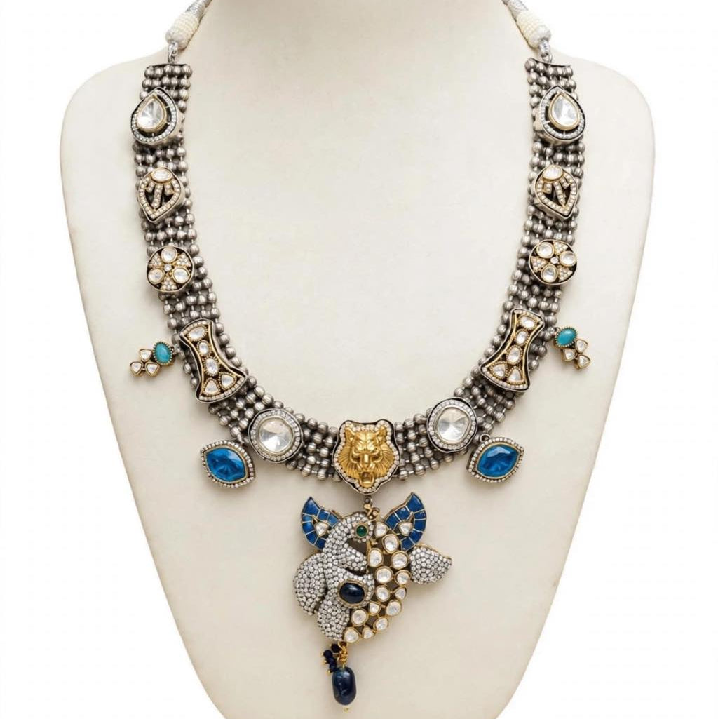Blue Enamel & Dual-Tone Kundan Long Haar with Lion Motif