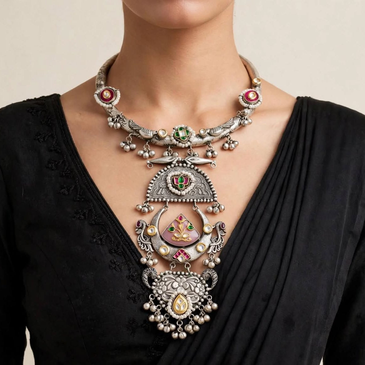 Rang Leela - Tribal Oxidized Silver Hasli Necklace with Kundan & Peacock Pendant