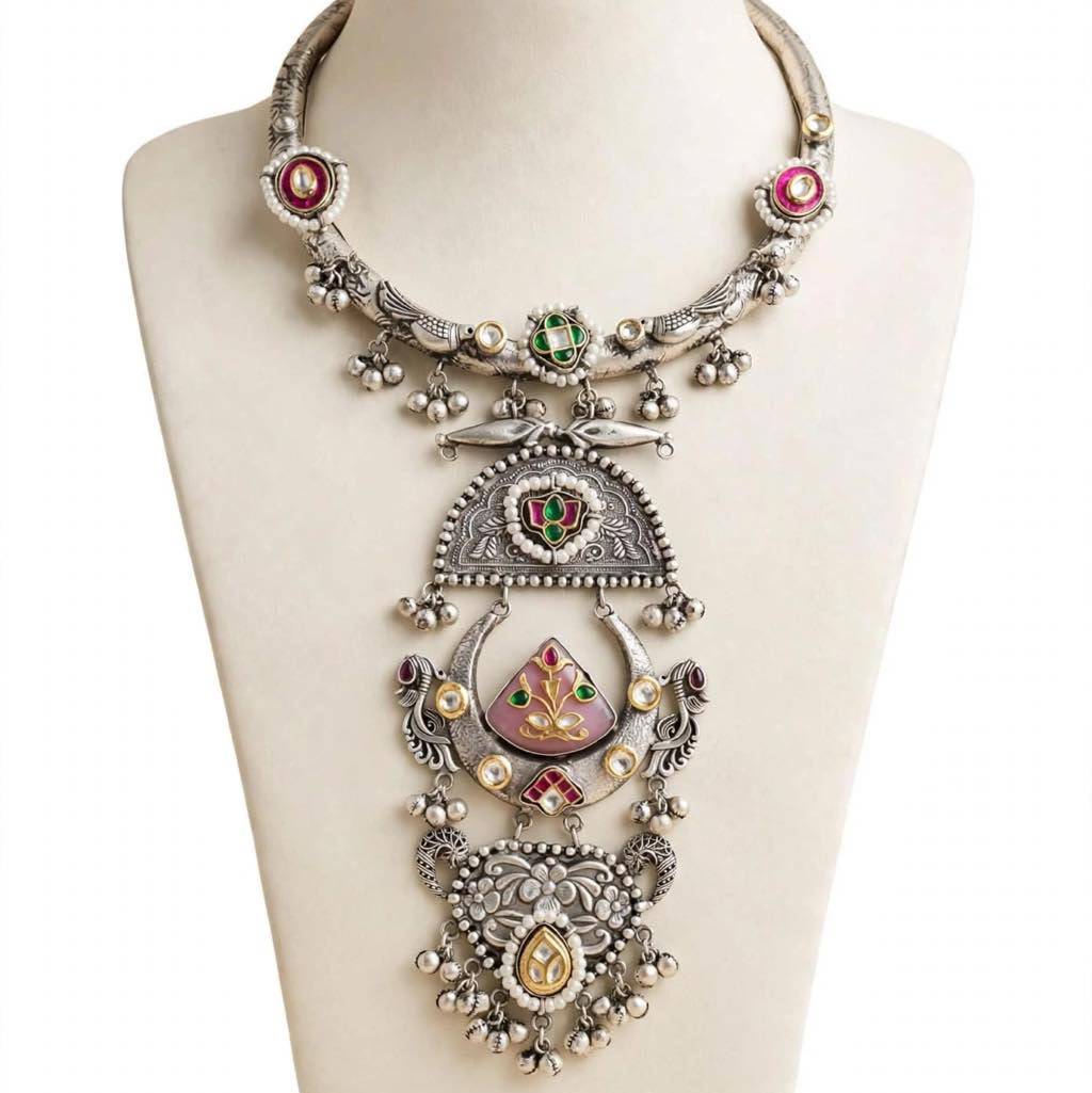 Rang Leela - Tribal Oxidized Silver Hasli Necklace with Kundan & Peacock Pendant