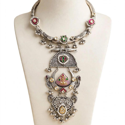 Rang Leela - Tribal Oxidized Silver Hasli Necklace with Kundan & Peacock Pendant