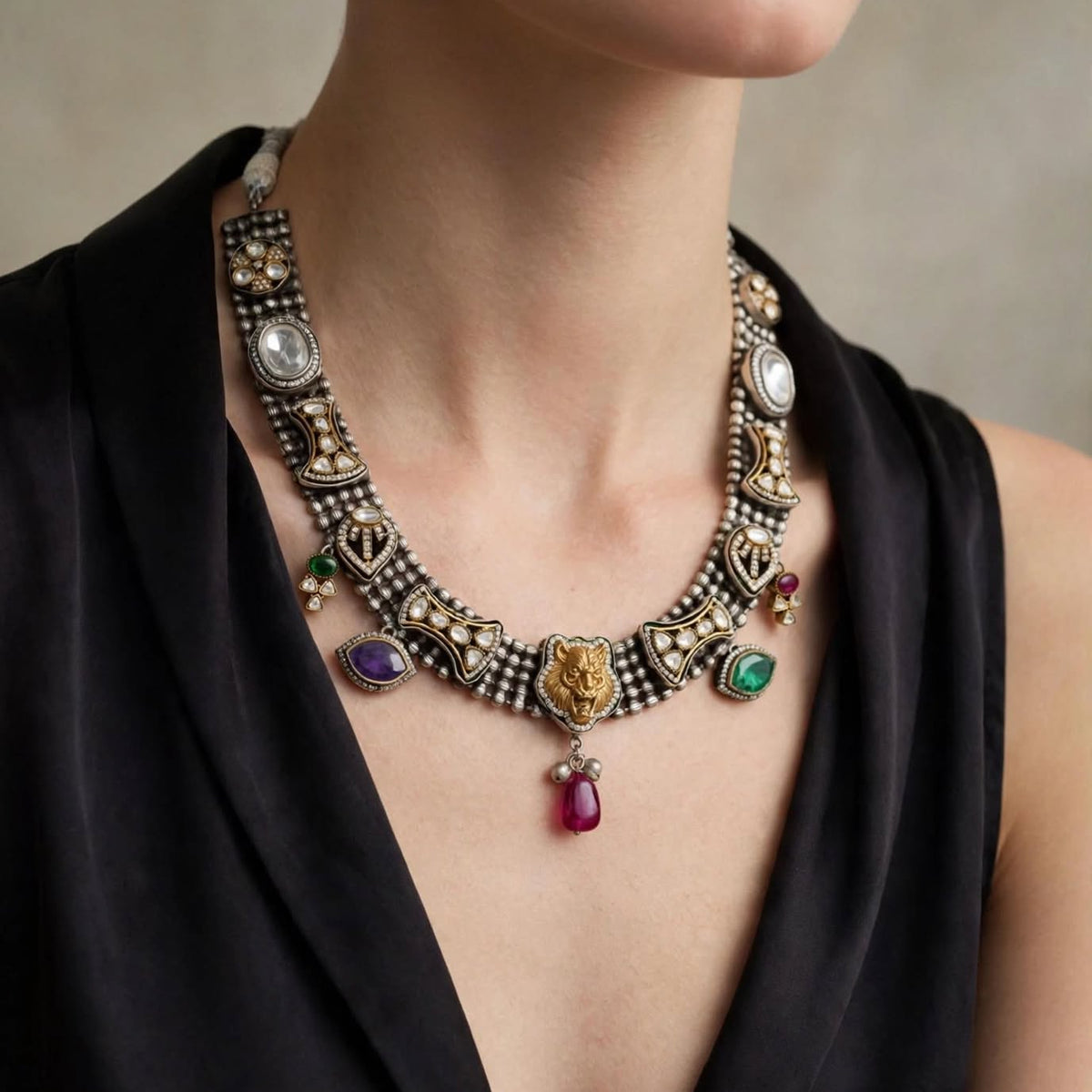 Rajwada Royal Bengal Tiger Dual-Tone Kundan Necklace