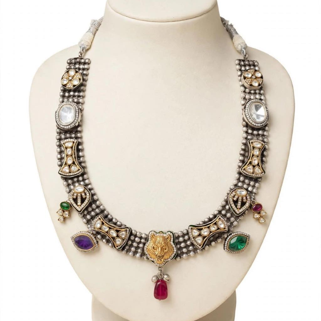 Rajwada Royal Bengal Tiger Dual-Tone Kundan Necklace