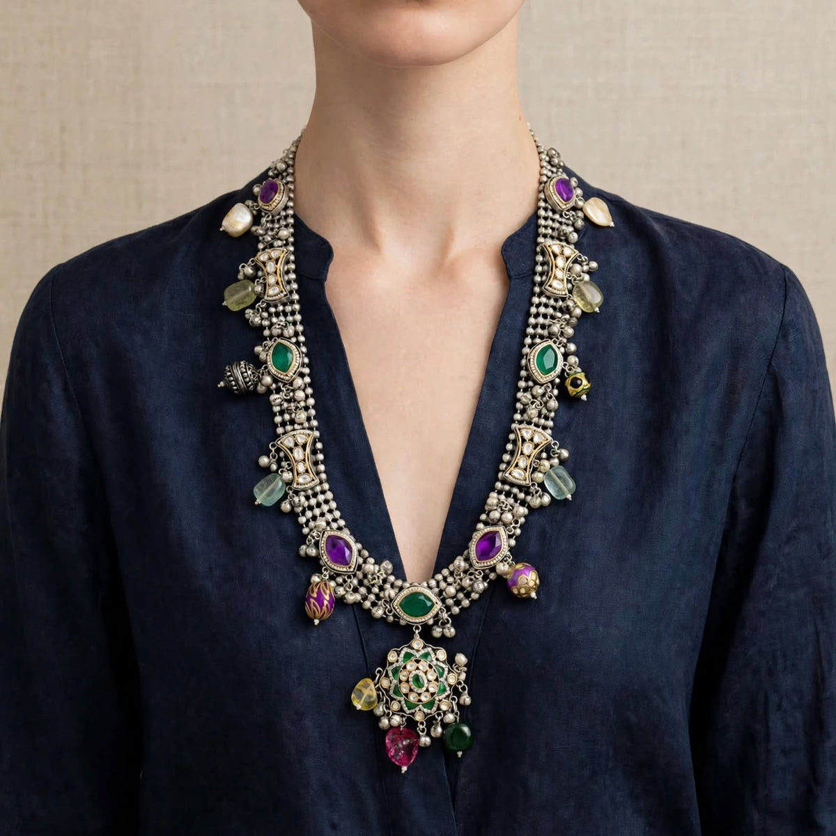 Maharani Boho Kundan & Meenakari Oxidized Silver Long Necklace