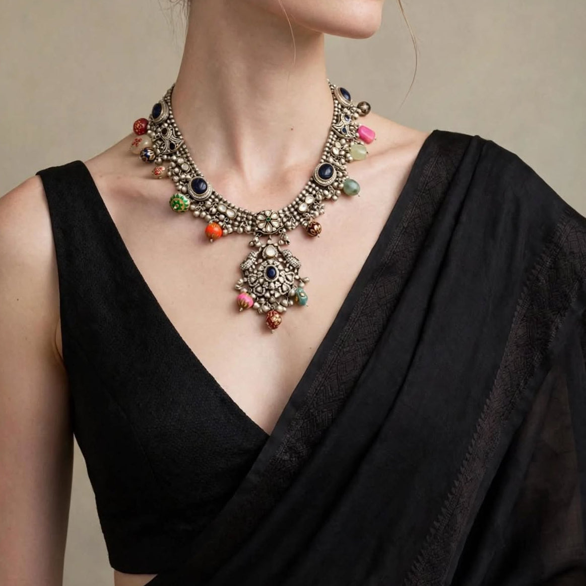 Rajwada Rani - Vintage Oxidized Silver Kundan & Meenakari Statement Necklace