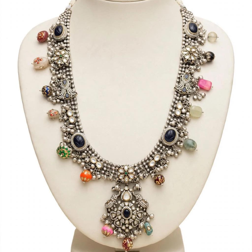 Rajwada Rani - Vintage Oxidized Silver Kundan & Meenakari Statement Necklace